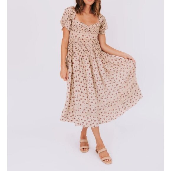 Free People Bali Juniper Smocked Floral Midi Dress Puff Sleeves Neutral Women 10 - Picture 16 of 16